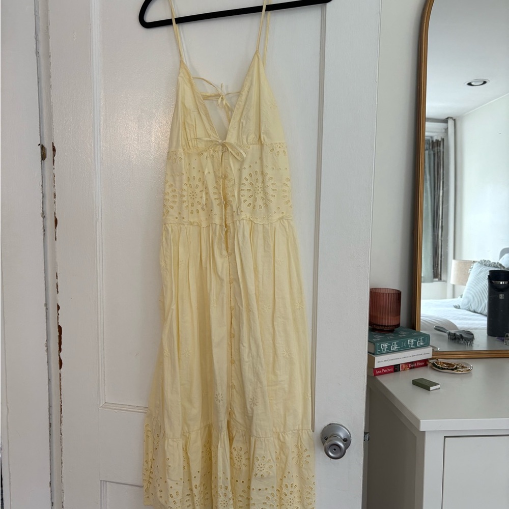 Mango Pale Yellow Eyelet Maxi Dress with Tie Straps